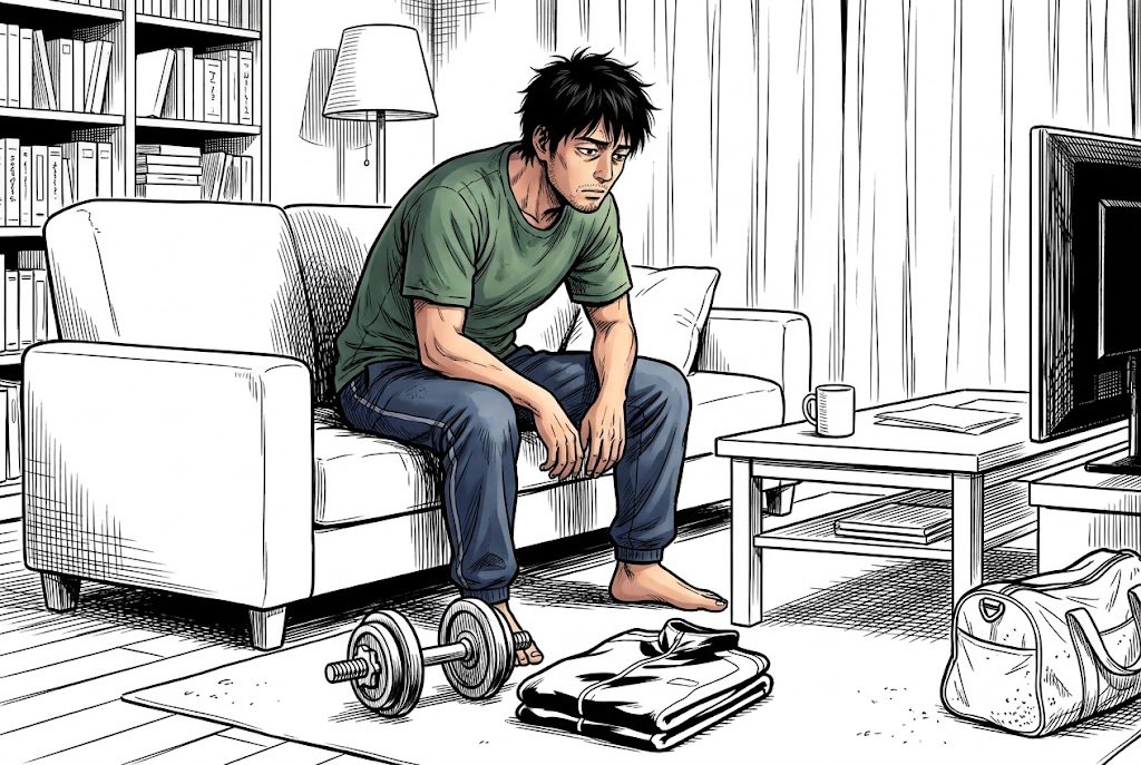 夜のリビングで、使っていないダンベルとたたんだままのトレーニングウェアを見つめる男性