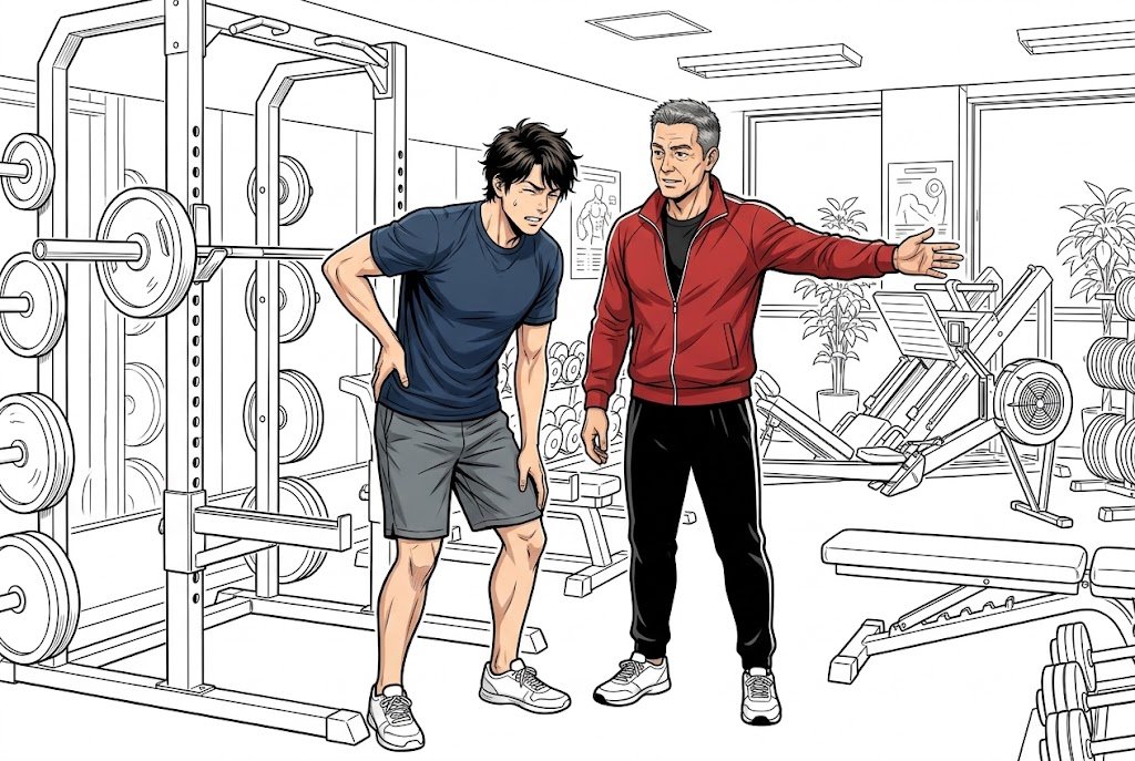 腰に違和感が出た利用者に対し、その場で別の器具へ切り替えを促すトレーナー